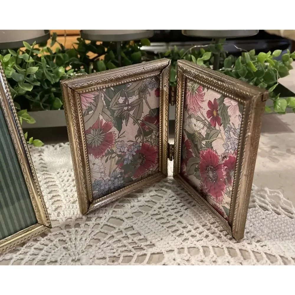 Vintage MCM Ornate Brass Gold Tone Photo Frame 3.25x4.25 Bi-Fold Double & 5x7